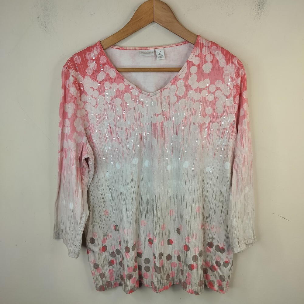 Chico's Weekends V-Neck Top 2 / Large Sequin Pink Dot Cotton Modal